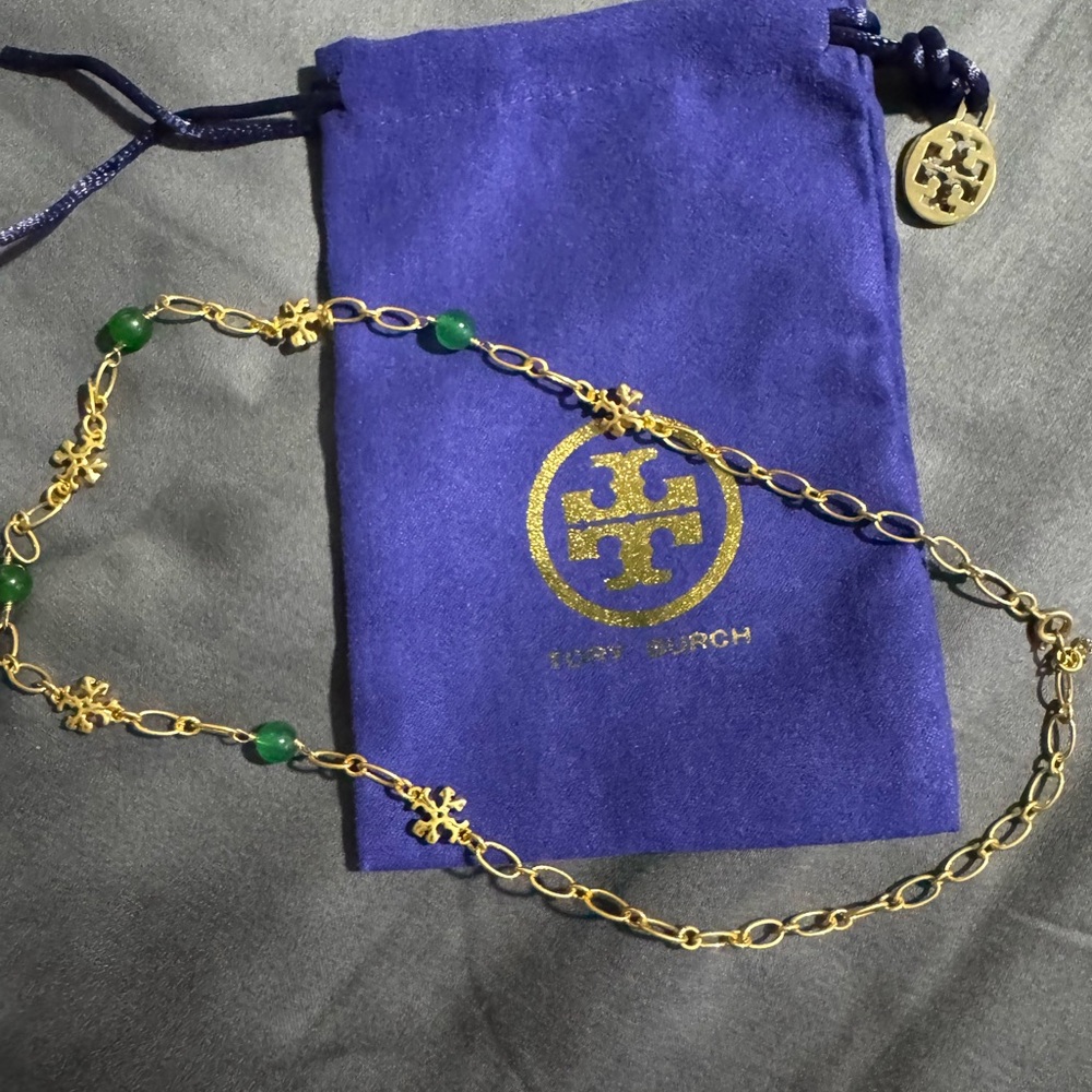 Tory Burch Elegant Gold and Green Gemstone Necklace - Picture 10 of 15